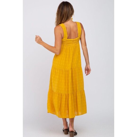 Entro Yellow ruched Tiered Midi Sun Dress flowy and fully lined Size Large - Picture 3 of 7